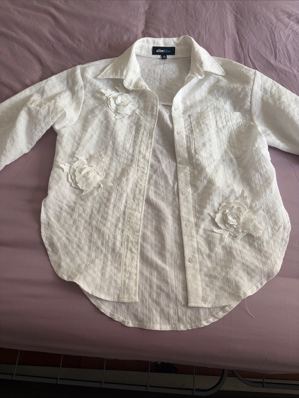 Alice Blue White Floral Appliqué Button-Down Shirt
